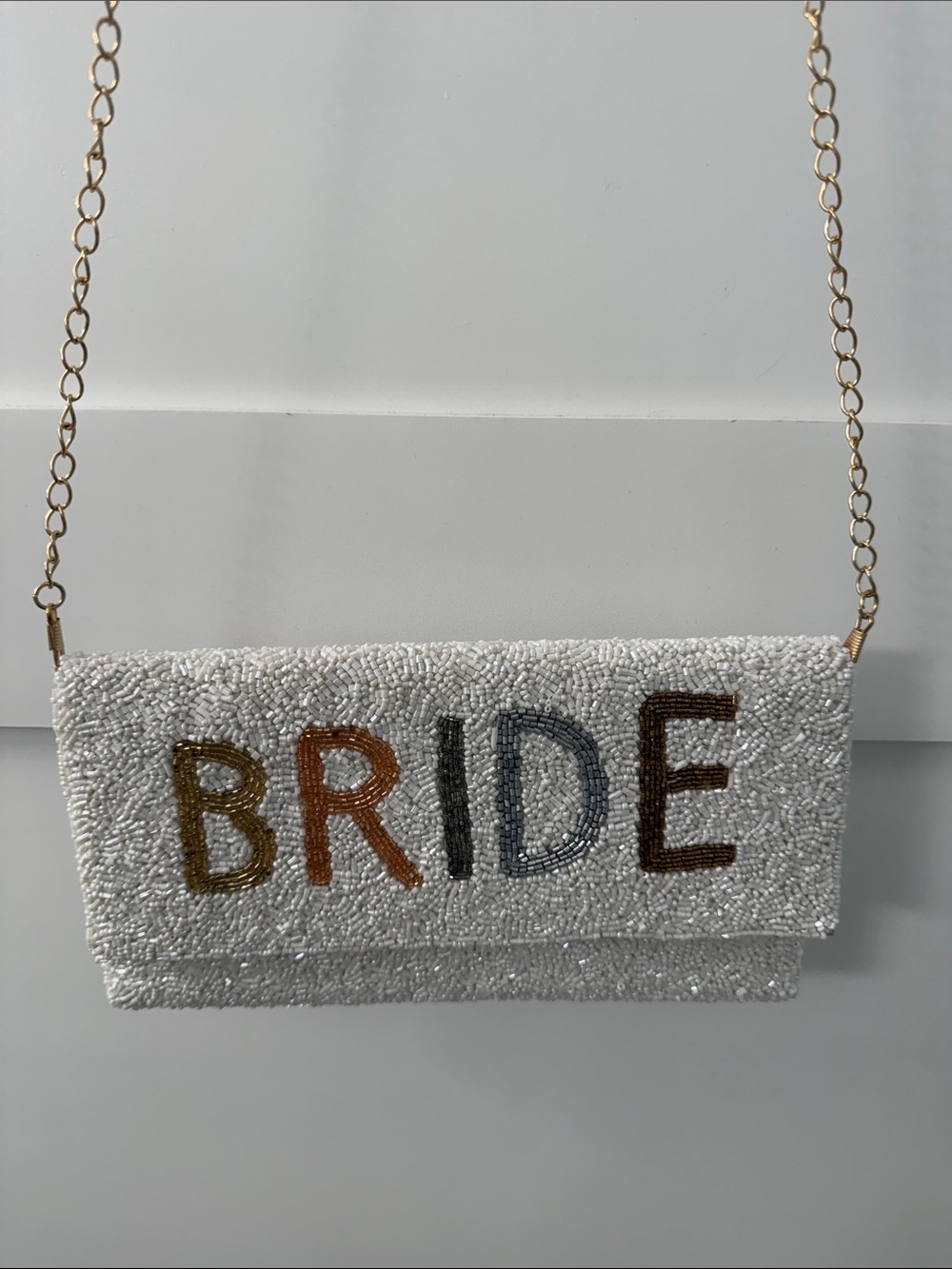 Lulus Beaded 'BRIDE' White Envelope Clutch with Gold Chain